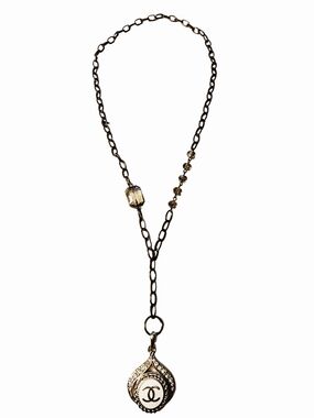 White & Silver Designer Button Repurposed Into Pendant On Lariat Style Necklace